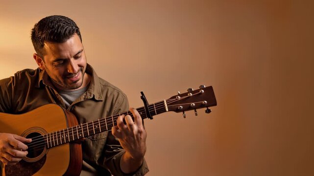Hispanic man showing musical passion while strumming a warm acoustic guitar for instrument practice blogs, guitar performance websites, and melodic rhythm education video