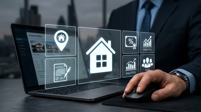 Businessman using computer mouse with digital real estate interface and property icons