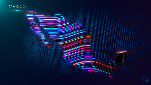 Futuristic Mexico map rendered with colorful flowing neon lines, dimensional depth, digital particles, glowing grid elements, and visible country text against a dark technological backdrop.