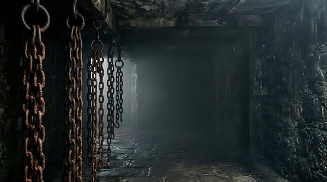 Dark industrial corridor with rusty chains hanging from ceiling