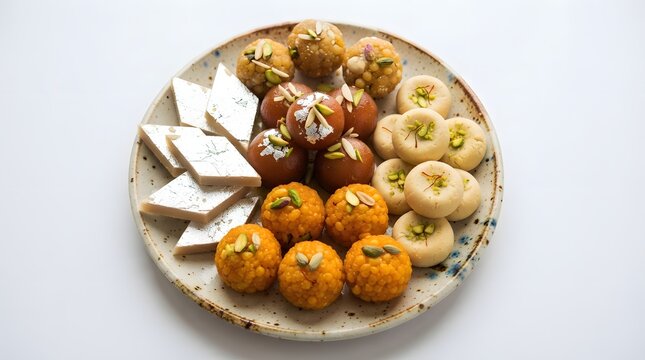 Assorted indian sweets including kaju katli, gulab jamun, laddu, and peda arranged on a plate