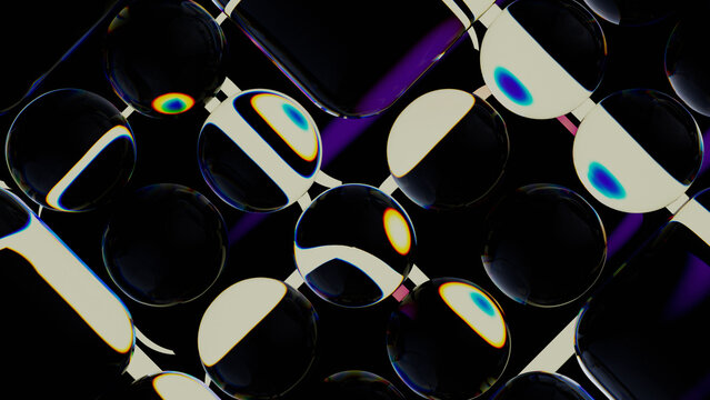 Abstract dark glass morphism background. Transparent 3D tiles with colourful neon refraction design. 3d rendering illustration not AI