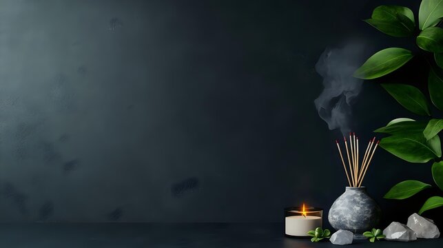 Incense sticks burning in decorative holder with green leaves