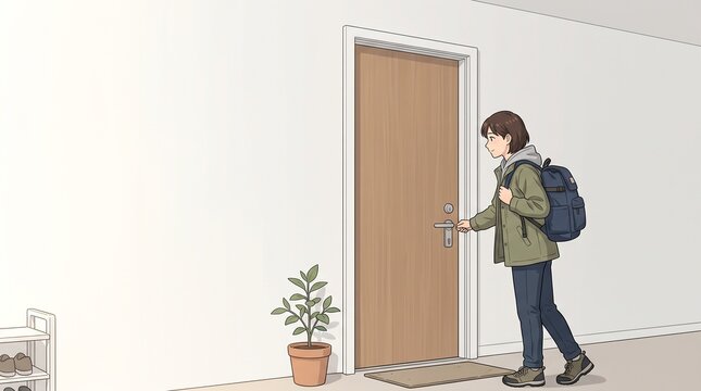 玄関の鍵を開けて帰宅するリュック姿の人物