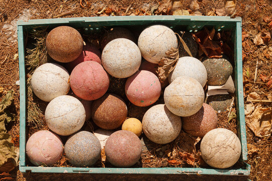 Colorful stone bocce balls, Pallino, Jack target ball
