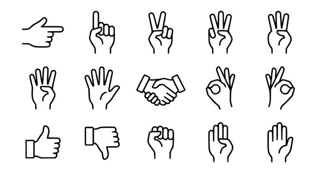 Hand gesture outline icon set with pointing counting thumbs up handshake and okay symbols