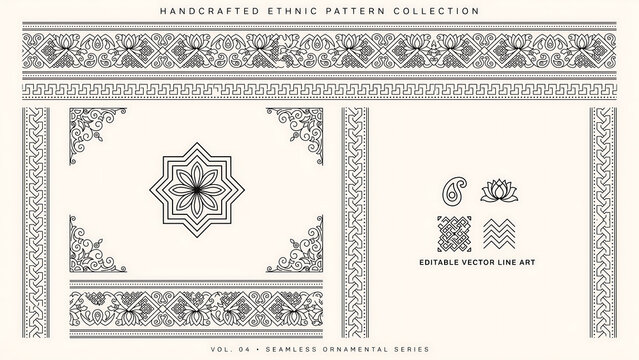 Handcrafted ethnic pattern collection with seamless ornamental borders isolated on a transparent background
