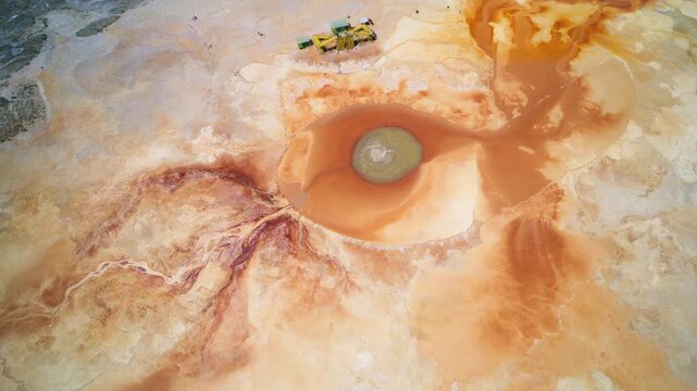 Aerial View of Aikeng Spring "Eye of the Devil" in Mangya, Qinghai: Geothermal Spring, Eye of the Earth, Sulfur Crust and Desert Landscape