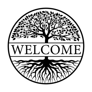 Welcome sign with tree of life svg cut file. Isolated vector illustration.