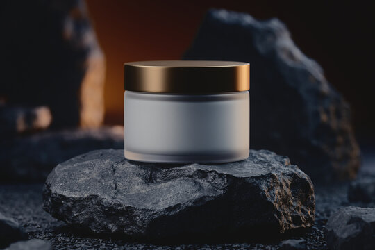 Dramatic 3D render of a luxury cosmetic cream jar with a gold lid on a sharp textured black stone podium, selective focus macro skincare product mockup in warm moody lighting, close-up with copy space