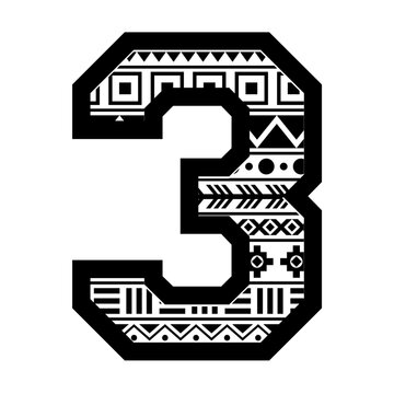 Number 3 with tribal aztec pattern svg cut file. Isolated vector illustration.