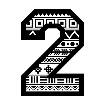 Number 2 with tribal aztec pattern svg cut file. Isolated vector illustration.