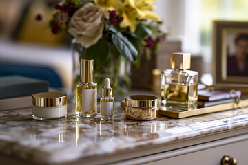 Obraz premium Elegant beauty arrangement on a marble dressing table with blank serum bottles, cream jars and premium perfume bottle, warm natural daylight, generous copy space,, perfect for modern design, travel,