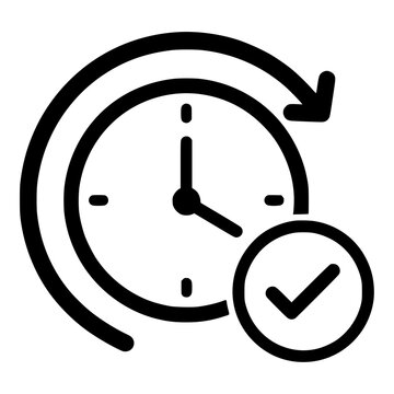 Clock with circular arrow and check mark, black line icon for uptime, service reliability and scheduling