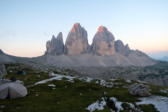 Dolomites mountain landscape at sunset in Italy, beautiful European Alps scenic peak view and travel destination concept