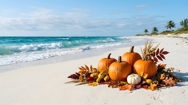 Autumn harvest pumpkins and pinecones on sandy beach with ocean waves and palm trees backdrop