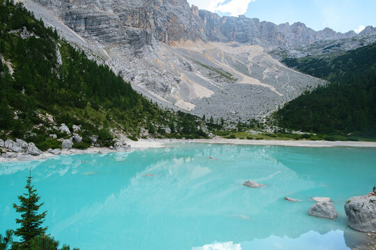 Dolomites mountain landscape under clear azure blue sky at sunset in Italy, scenic European Alps peak view concept