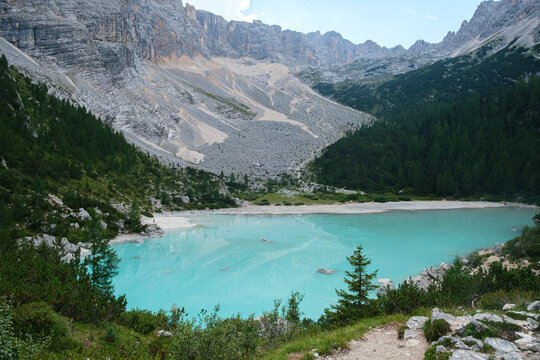 Dolomites mountain landscape under clear azure blue sky at sunset in Italy, scenic European Alps peak view concept