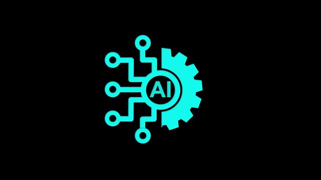 Ai technology icon animation. Animated line half cogwheel with digital data streaming, transparent background 4k video