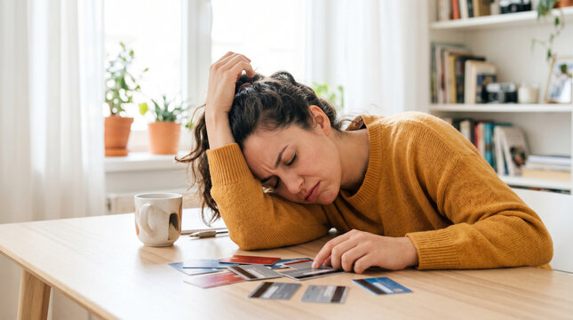 Exhausted person resting head on desk near scattered credit cards  