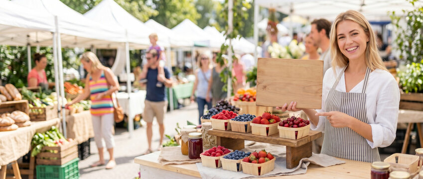 Smiling woman selling fresh berries at a farmer's market with shoppers  