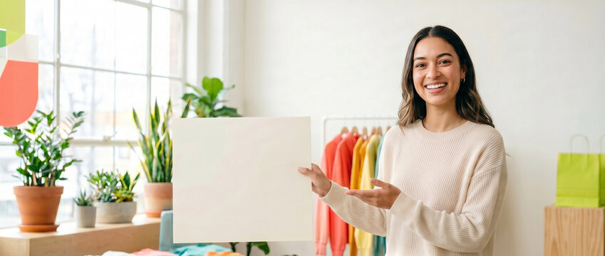 Young woman holding a blank sign and smiling in a clothing store  