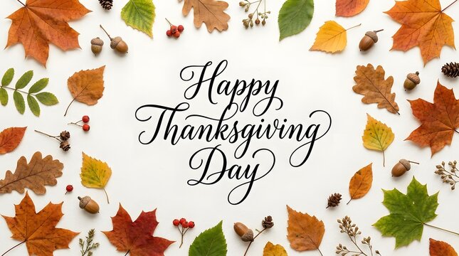 Happy Thanksgiving Day greeting card with autumn leaves and festive text overlay on white background