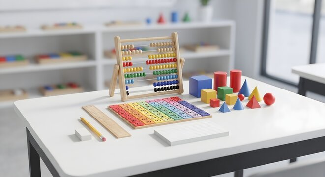Educational Math Learning Tools with Wooden Abacus, Number Board, and Geometric Shapes on a Classroom Desk