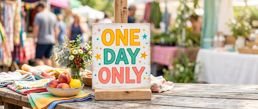 One Day Only sign at a vibrant outdoor market with fresh produce  