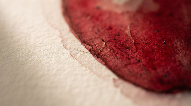 Macro close-up shot of a textured watercolor apple art painting showing deep red paint pigments and a delicate bleeding edge on rough artisan paper surface