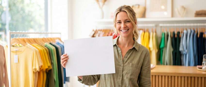 Smiling woman holding blank sign in a clothing store during Black Friday  