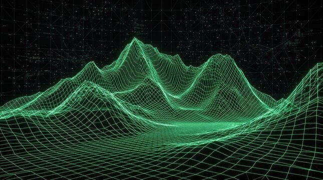 Abstract 3D digital green wireframe mountain landscape with glowing grid lines and data particles on black background
