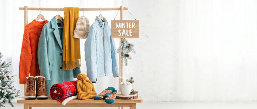 Winter sale mix display of cozy clothing and accessories for shoppers  