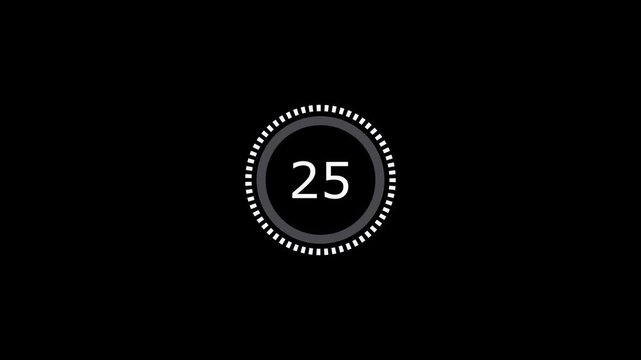 Countdown timer 30second with white circular ring animation on black background