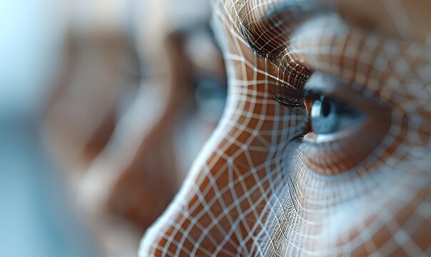 Digital face with geometric mesh grid pattern overlay