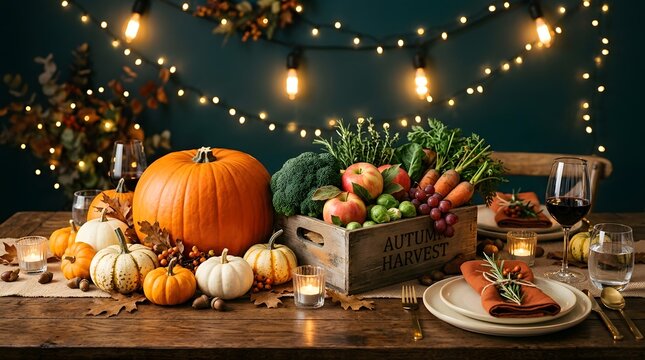 Autumn harvest feast with pumpkins, vegetables, and wine on rustic wooden table outdoors at night