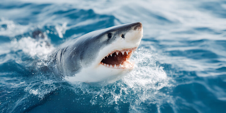 Powerful shark emerging from ocean waters, showcasing sharp teeth and dynamic movement, surrounded by splashes, representing the beauty and danger of marine life