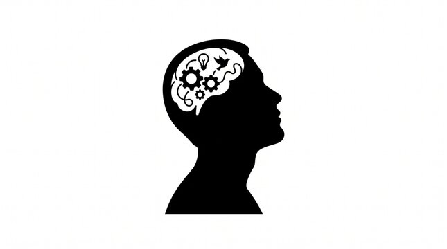 Human head profile silhouette with brain gears and lightbulb vector isolated on white background, creative thinking and intelligence concept