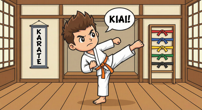 Active cartoon boy performing a high karate kick in a traditional dojo, martial arts school or sports club