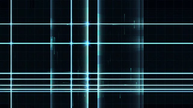 A digital cybernetic matrix of shifting neon pink laser beams on a dark background. Horizontal and vertical grid lines slide and snap into alignment, triggering glowing starburst lens flares and data 
