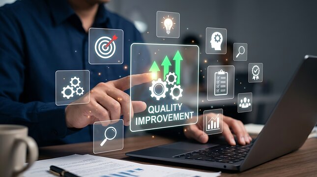 Businessman touching digital quality improvement interface for business process optimization.