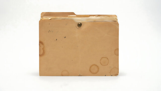 Old vintage paper file folder with documents inside isolated on white background