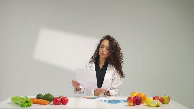 Female nutritionist sits at desk holding and comparing two documents with diet charts while analyzing nutrition data with fruits and vegetables in a clean white studio setting.