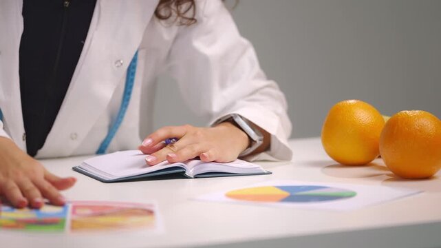 Close up view of a female dietitian's hands writing notes and organizing a meal plan in a calendar while reviewing nutrition information, creating a personalized healthy diet concept today