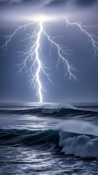A powerful lightning strike illuminates the vast, stormy ocean with crashing waves under a dramatic sky.