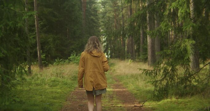 A rear view of a young woman wearing a yellow jacket hiking along a dirt path in a lush coniferous forest. Ideal for travel, wellness, and sustainability themes.
