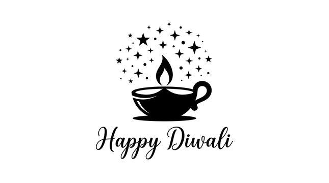 Happy diwali greeting card with a stylized diya lamp and sparkling stars, black and white vector illustration