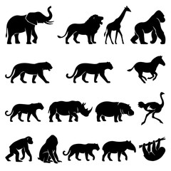Obraz premium Collection of wild animal silhouettes and wildlife icons with wildlife, elephant