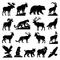 Fototapeta premium Mountain wildlife and forest animal silhouette set with wildlife, mountain
