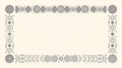 Luxury boho geometric border frame with mandala and sun motifs isolated on a transparent background
